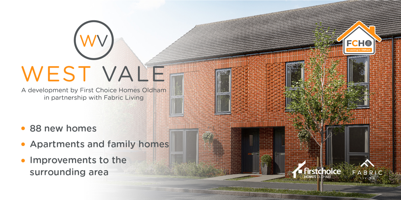 Image of new build houses at West Vale development. 88 new homes. Apartments and family homes. Improvements to the surrounding areas.